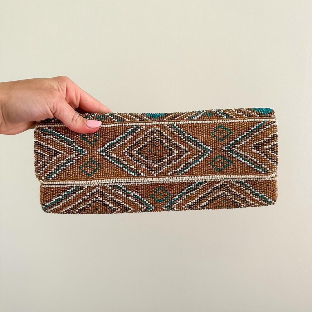 Santi Aztec Pattern Beaded Rectangle Shape Clutch Bag Brown - Picture 2 of 8